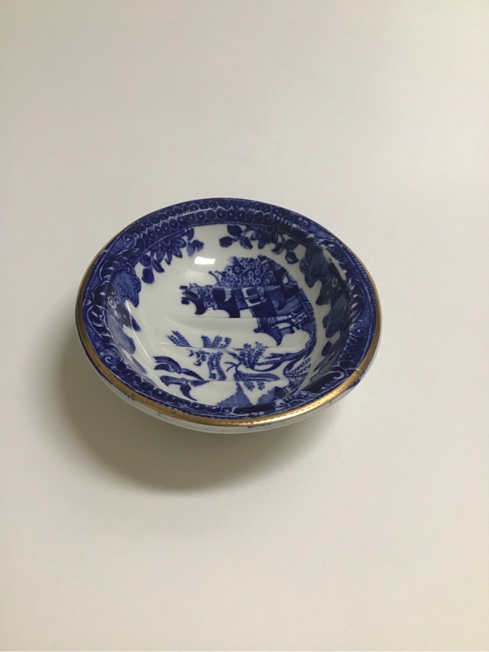 Blue Willow Antique 1920's England Burleigh Ware Oval Soap Dish Ridges Gold Rim - Picture 5 of 14
